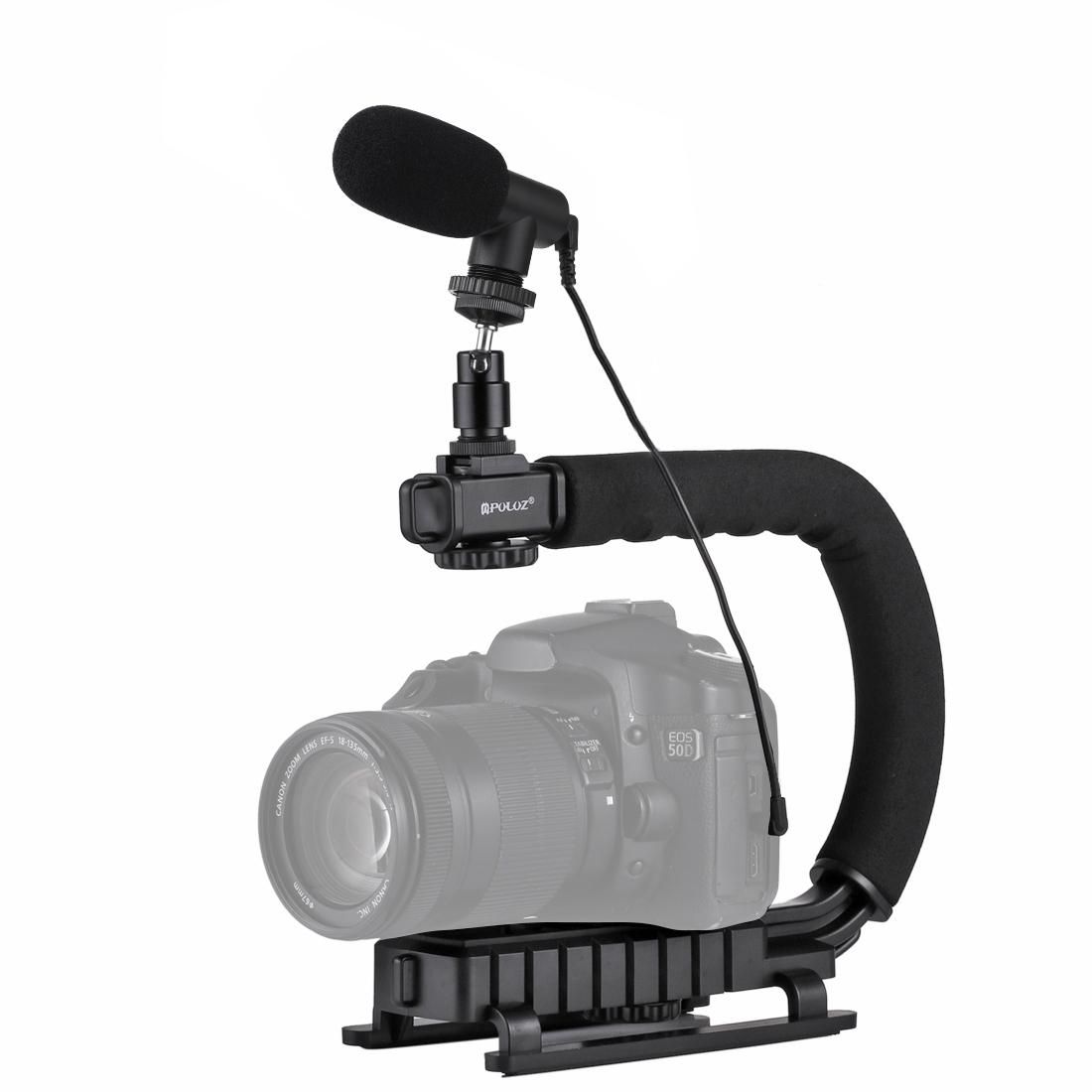PULUZ U/C Shape Portable Handheld DV Bracket Stabilizer + Video Shotgun Microphone Kit with Cold Shoe Tripod Head  for All SLR Cameras and Home DV Camera