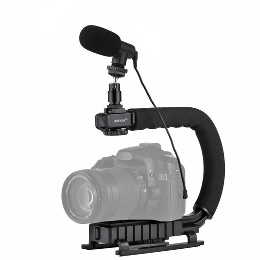 PULUZ U/C Shape Portable Handheld DV Bracket Stabilizer + Video Shotgun Microphone Kit with Cold Shoe Tripod Head  for All SLR Cameras and Home DV Camera