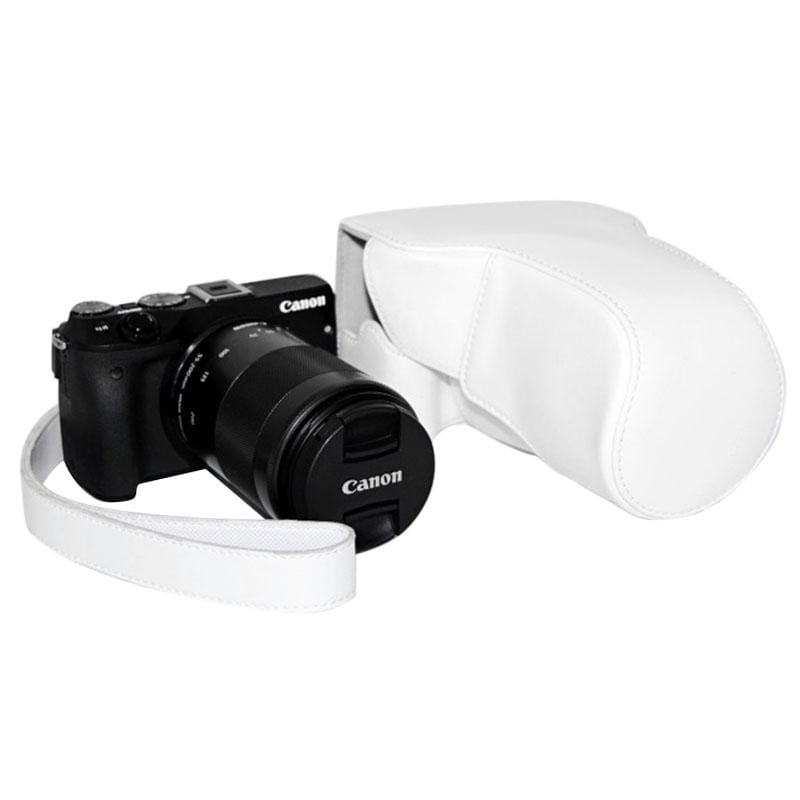 Oil Skin PU Leather Camera Case Bag with Strap for Canon EOS M3 (White)