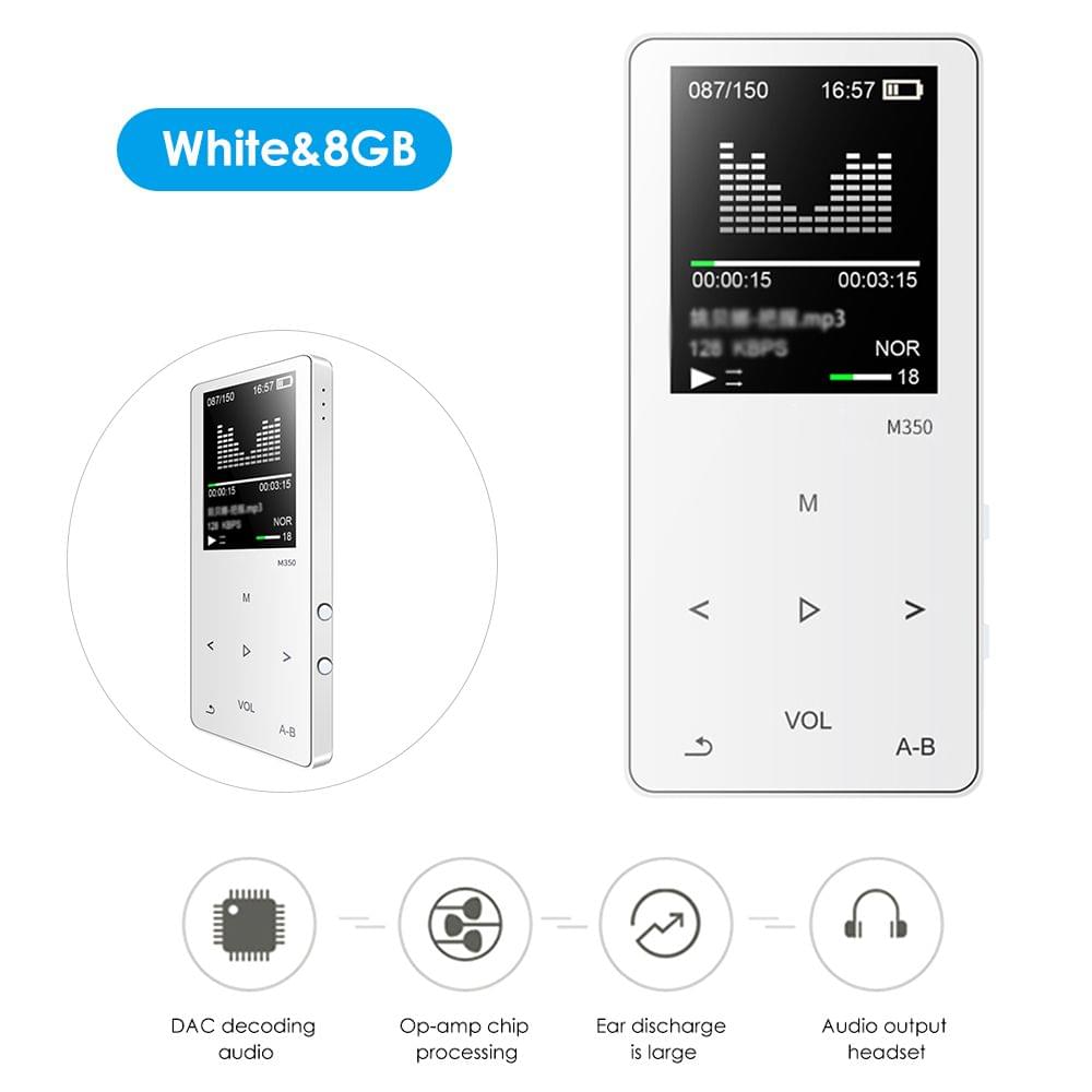 M350 MP3 Player Metal Sport Mini Portable Audio 4G/8G Music - White&8GB