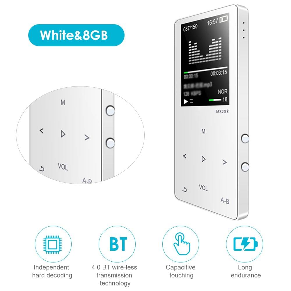 M320 MP3 Player BT Metal Sport Mini Portable Audio 4G/8G - White&8GB