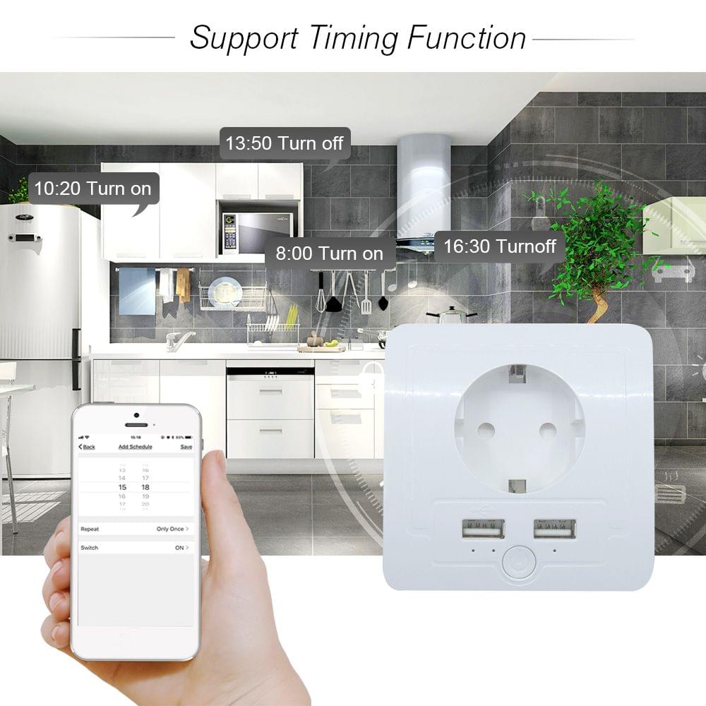 Smart WiFi Wall Outlet EU Plug Dual USB Ports Power Socket