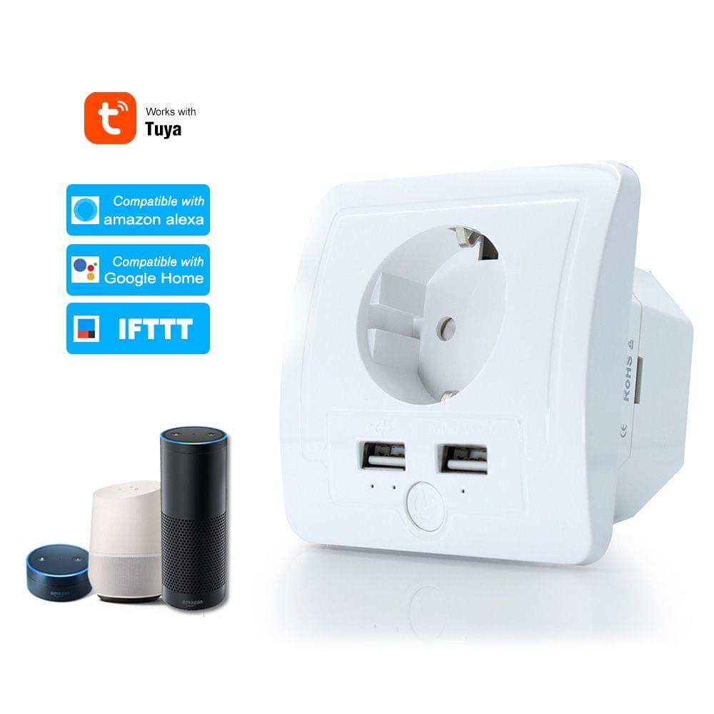 Smart WiFi Wall Outlet EU Plug Dual USB Ports Power Socket