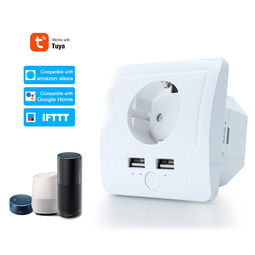 Smart WiFi Wall Outlet EU Plug Dual USB Ports Power Socket
