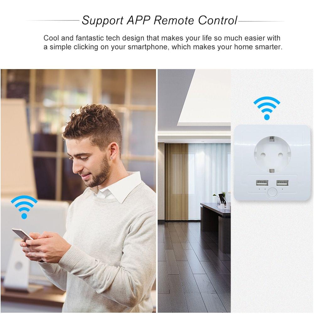 Smart WiFi Wall Outlet EU Plug Dual USB Ports Power Socket