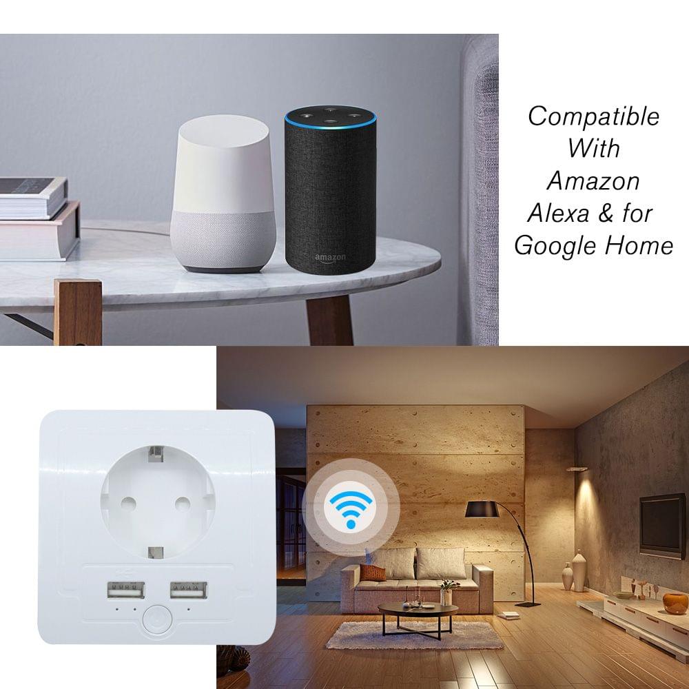 Smart WiFi Wall Outlet EU Plug Dual USB Ports Power Socket