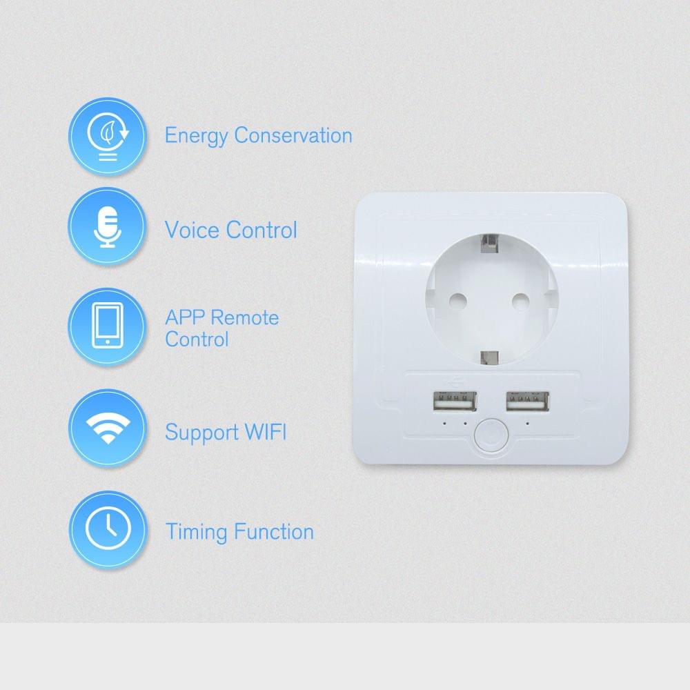 Smart WiFi Wall Outlet EU Plug Dual USB Ports Power Socket